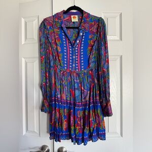 Farm Rio Blue Macaw Flight Long Sleeve Mini Dress
